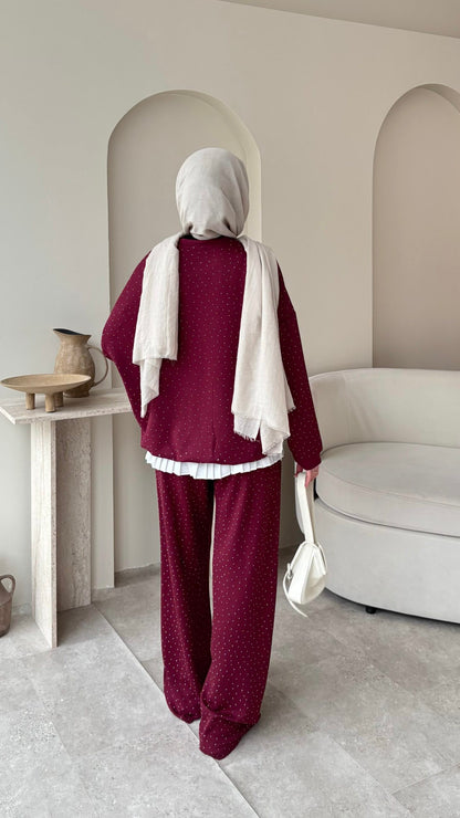 Glow Taşlı  Takım Bordo