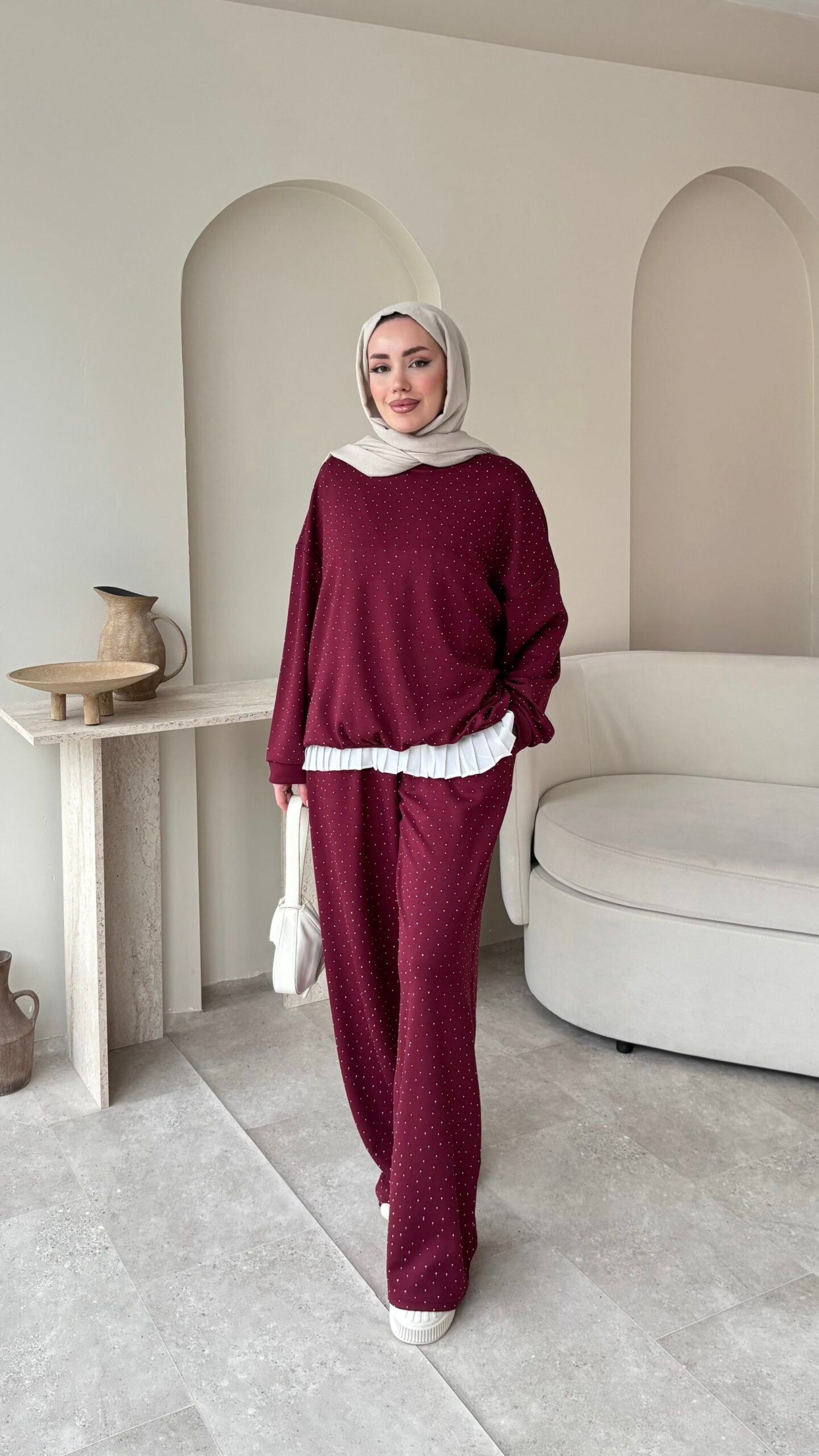 Glow Taşlı  Takım Bordo