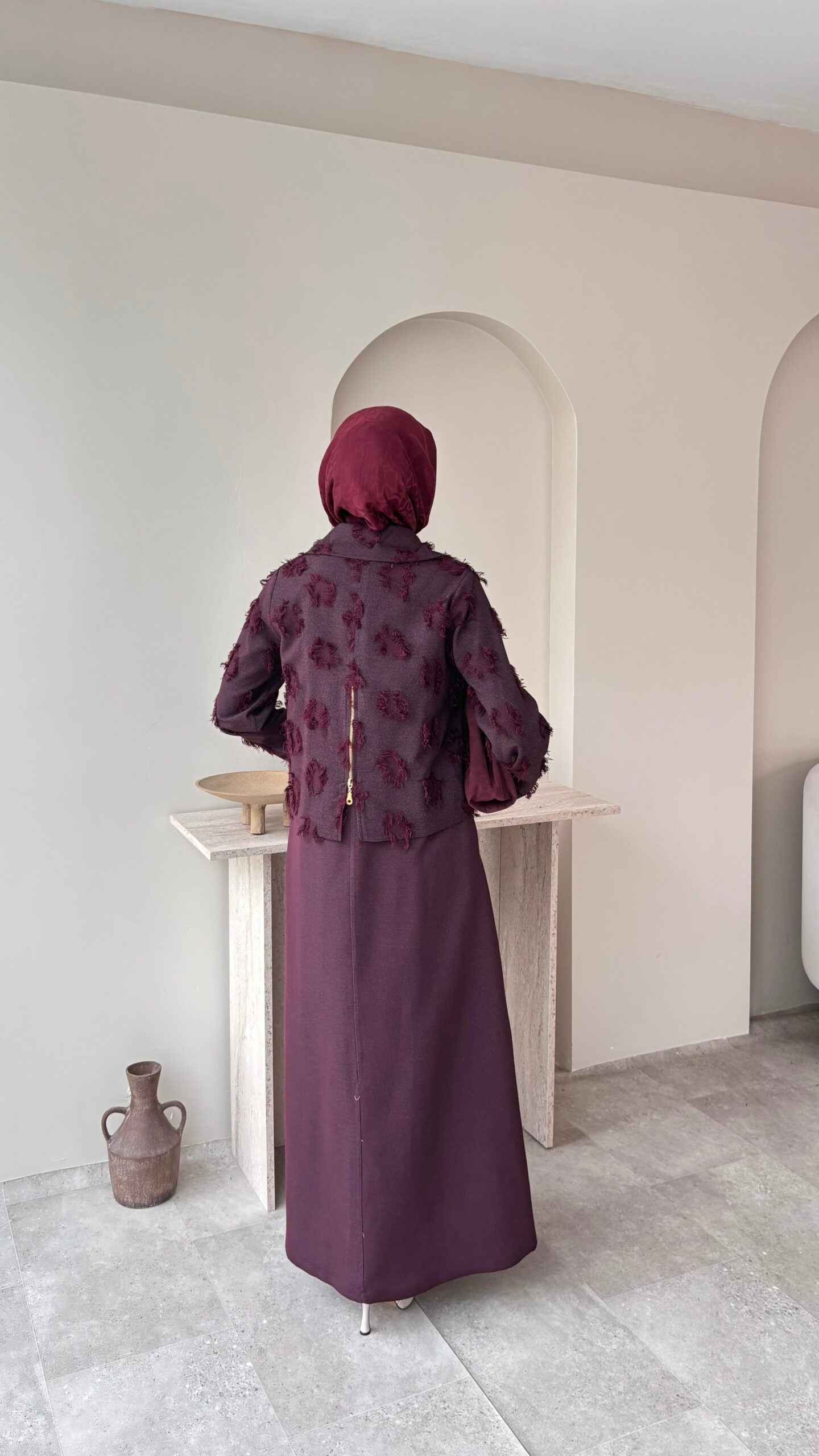 Velvet Jileli Ceket Takım – Bordo