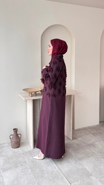 Velvet Jileli Ceket Takım – Bordo