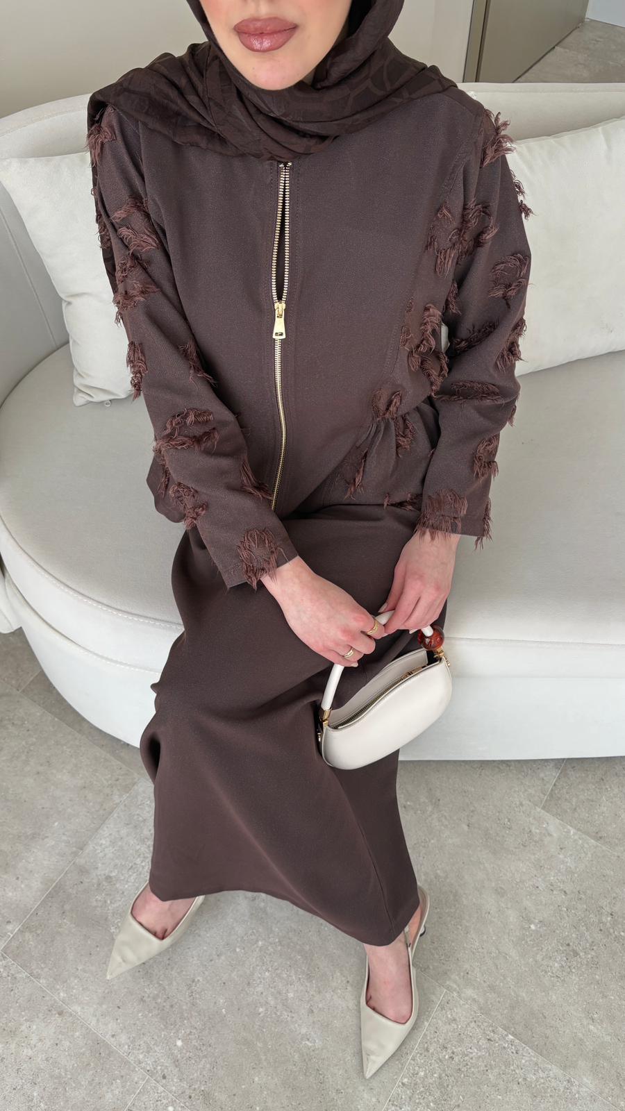 Wool Yandan Büzgülü Takım – Kahverengi