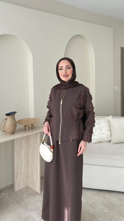 Wool Yandan Büzgülü Takım – Kahverengi
