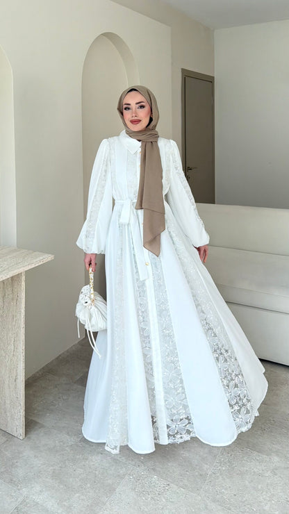 Loom Çiçek Desen Elbise – Beyaz