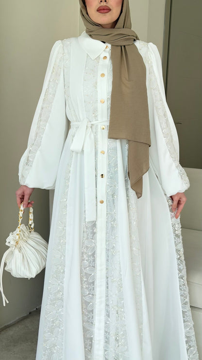 Loom Çiçek Desen Elbise – Beyaz
