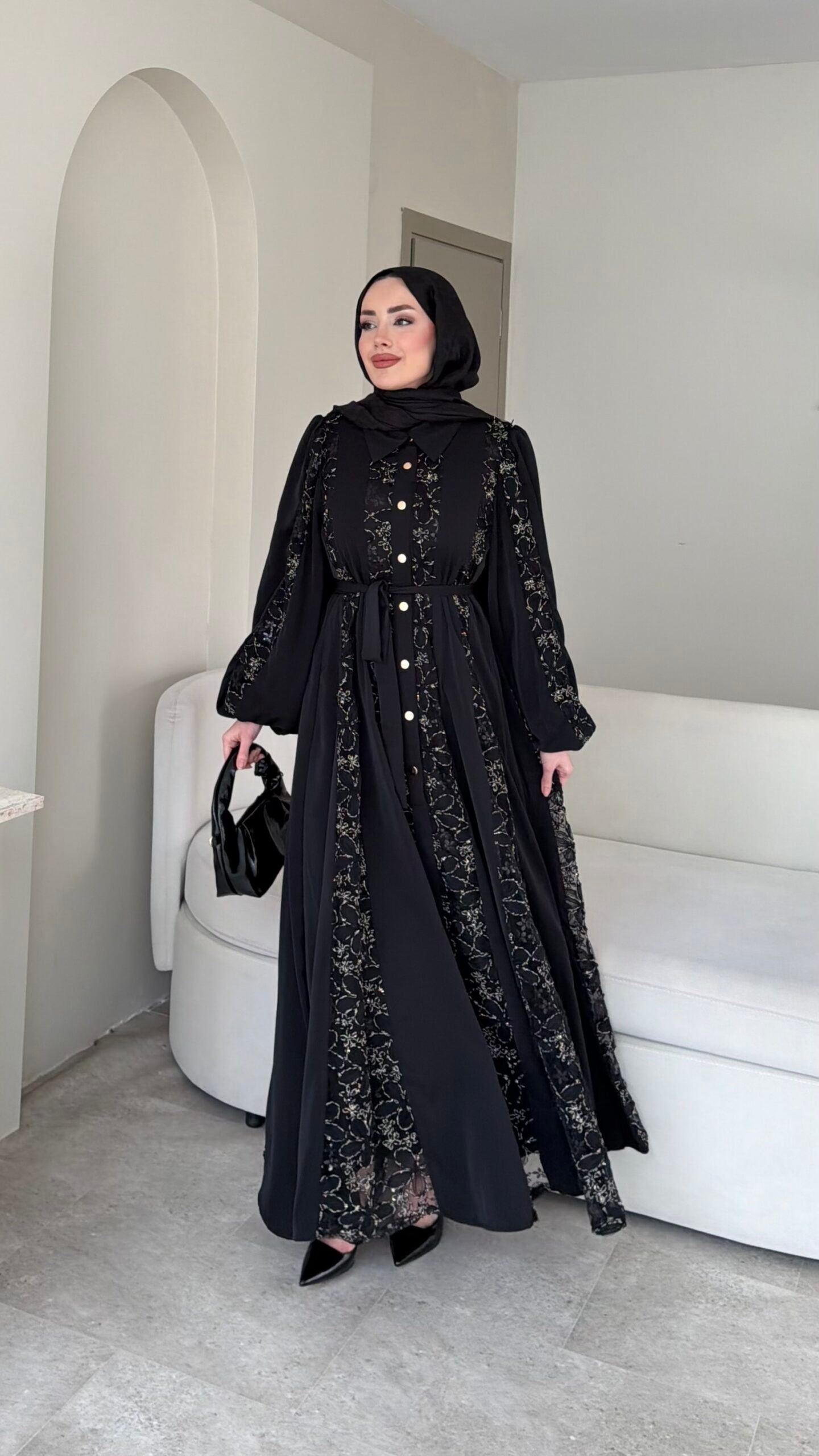 Loom Çiçek Desen Elbise – Siyah