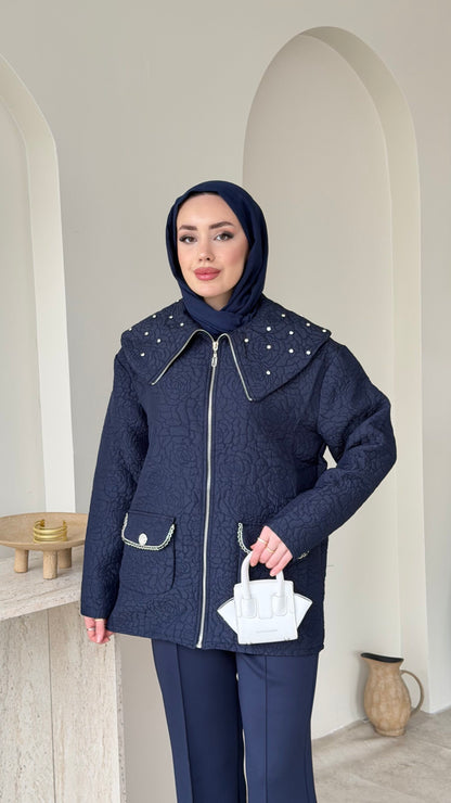 Lara Çiçek Desen Ceket – Lacivert